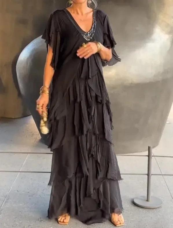 Women Dress Sexy Long Dresses V Neck Short Sleeve Ruffles Slim Mom Party Maxi Elegant Splice A Line Vestidos High Waist 2024-THAT FASHION STORE