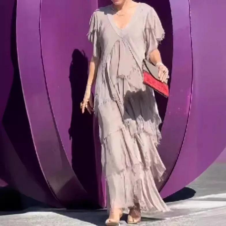 Women Dress Sexy Long Dresses V Neck Short Sleeve Ruffles Slim Mom Party Maxi Elegant Splice A Line Vestidos High Waist 2024-THAT FASHION STORE