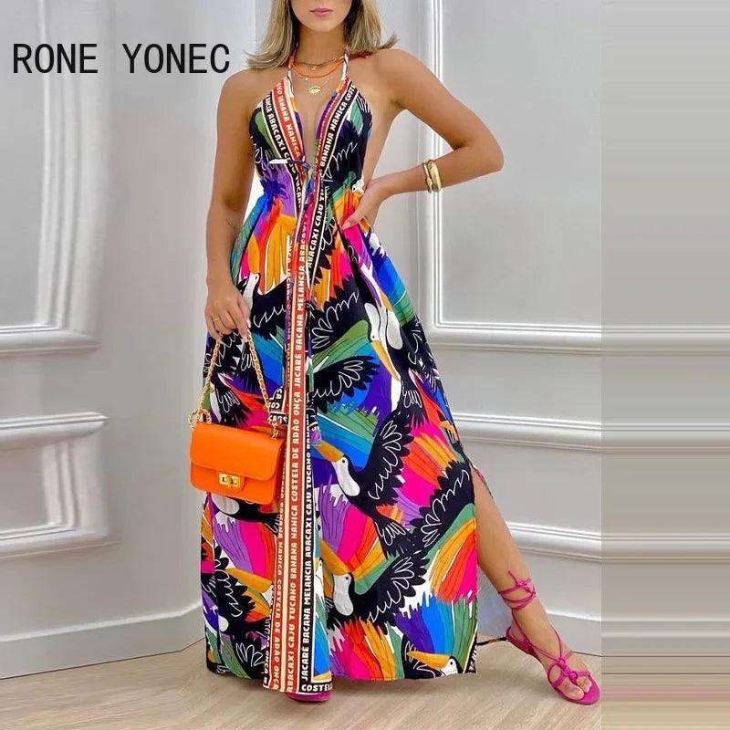 Women Elegant Halter Lace Up All Over Print Deep V Neck Backless Silt Sexy Maxi Summer Vacation Dresses-THAT FASHION STORE