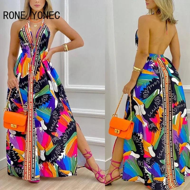 Women Elegant Halter Lace Up All Over Print Deep V Neck Backless Silt Sexy Maxi Summer Vacation Dresses-THAT FASHION STORE