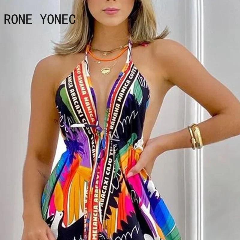 Women Elegant Halter Lace Up All Over Print Deep V Neck Backless Silt Sexy Maxi Summer Vacation Dresses-THAT FASHION STORE