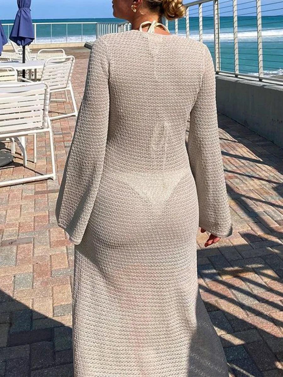 Women Knitted Dress Long Sleeve V Neck Hollowed Solid See-through Slit Long Dress-THAT FASHION STORE