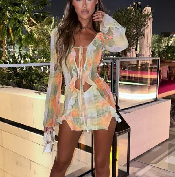 Women Mini Dress Long Sleeve Lacing Tie-dye Print Patchwork Slit Bodycon Dress for Club Party-THAT FASHION STORE