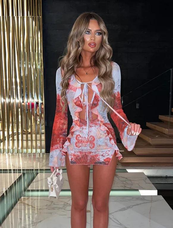 Women Mini Dress Long Sleeve Lacing Tie-dye Print Patchwork Slit Bodycon Dress for Club Party-THAT FASHION STORE