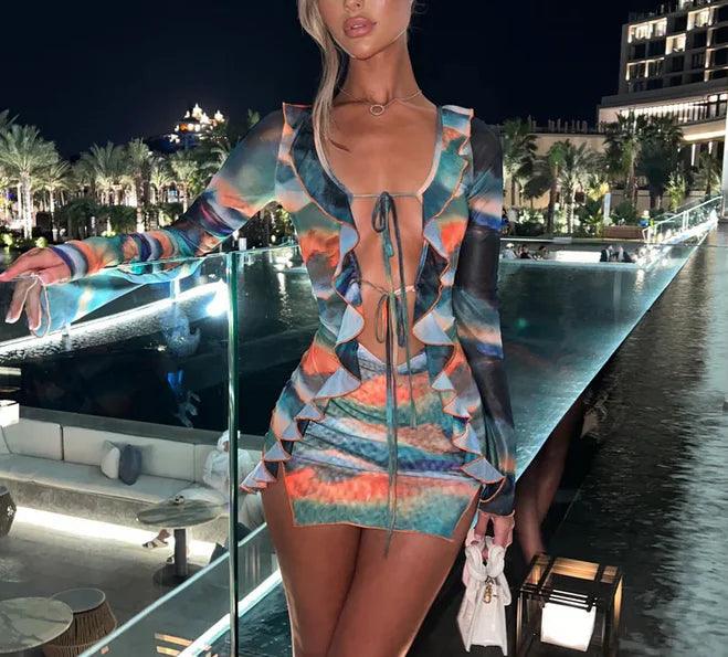 Women Mini Dress Long Sleeve Lacing Tie-dye Print Patchwork Slit Bodycon Dress for Club Party-THAT FASHION STORE