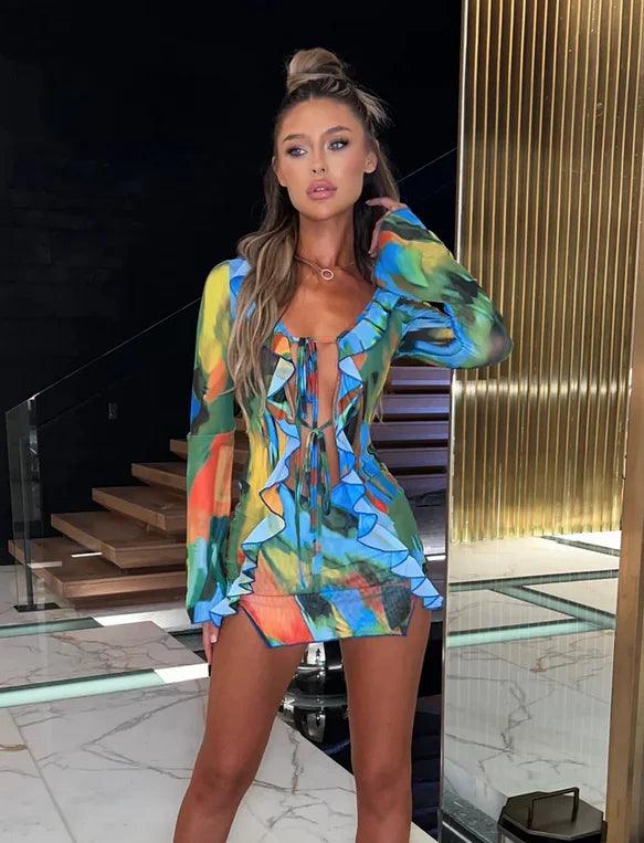 Women Mini Dress Long Sleeve Lacing Tie-dye Print Patchwork Slit Bodycon Dress for Club Party-THAT FASHION STORE