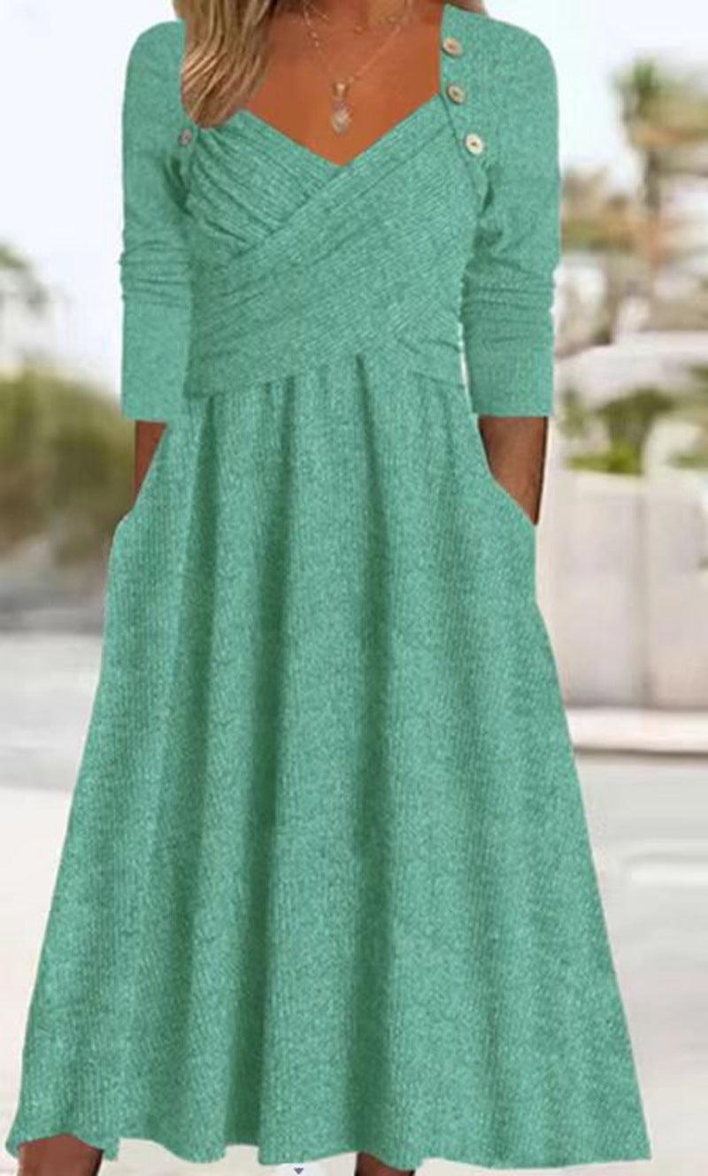 Women's Casual Loose Cross Button Solid Color Long Sleeve Dress-THAT FASHION STORE