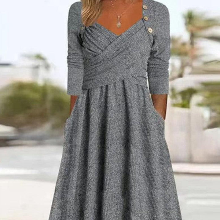 Women's Casual Loose Cross Button Solid Color Long Sleeve Dress-THAT FASHION STORE