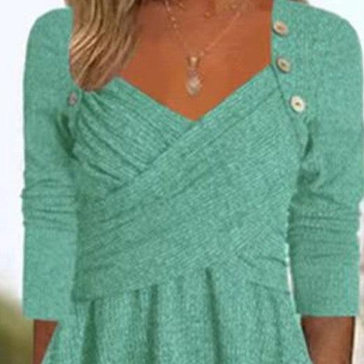 Women's Casual Loose Cross Button Solid Color Long Sleeve Dress-THAT FASHION STORE