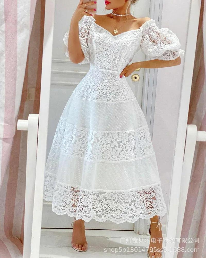 Women's Dress Fashion New V-Neck Lace Panel Large Swing Dress Temperament Elegant White Skirt Vestidos-THAT FASHION STORE