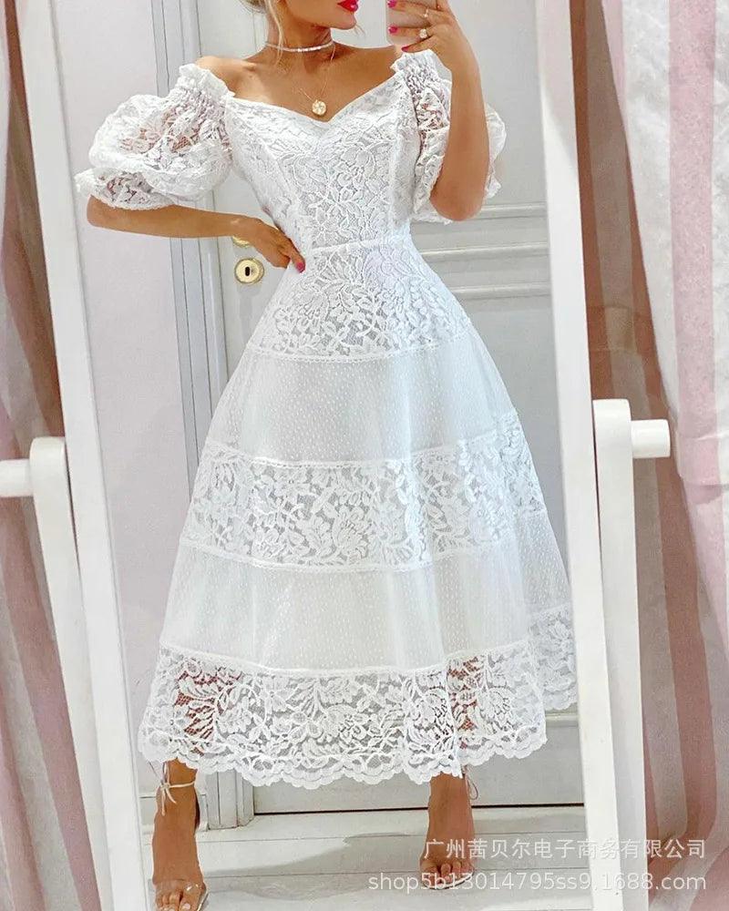 Women's Dress Fashion New V-Neck Lace Panel Large Swing Dress Temperament Elegant White Skirt Vestidos-THAT FASHION STORE