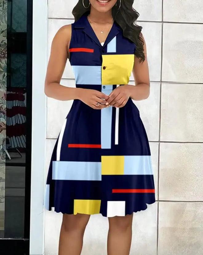 Women's Dresses 2023 Summer Fashion Geometric Print Colorblock Buttoned Casual Notched Collar Sleeveless Midi Dress Y2K Clothes-THAT FASHION STORE