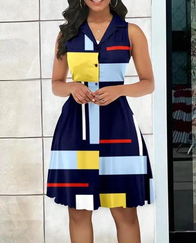 Women's Dresses 2023 Summer Fashion Geometric Print Colorblock Buttoned Casual Notched Collar Sleeveless Midi Dress Y2K Clothes-THAT FASHION STORE