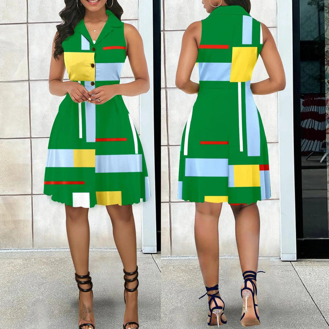 Women's Dresses 2023 Summer Fashion Geometric Print Colorblock Buttoned Casual Notched Collar Sleeveless Midi Dress Y2K Clothes-THAT FASHION STORE