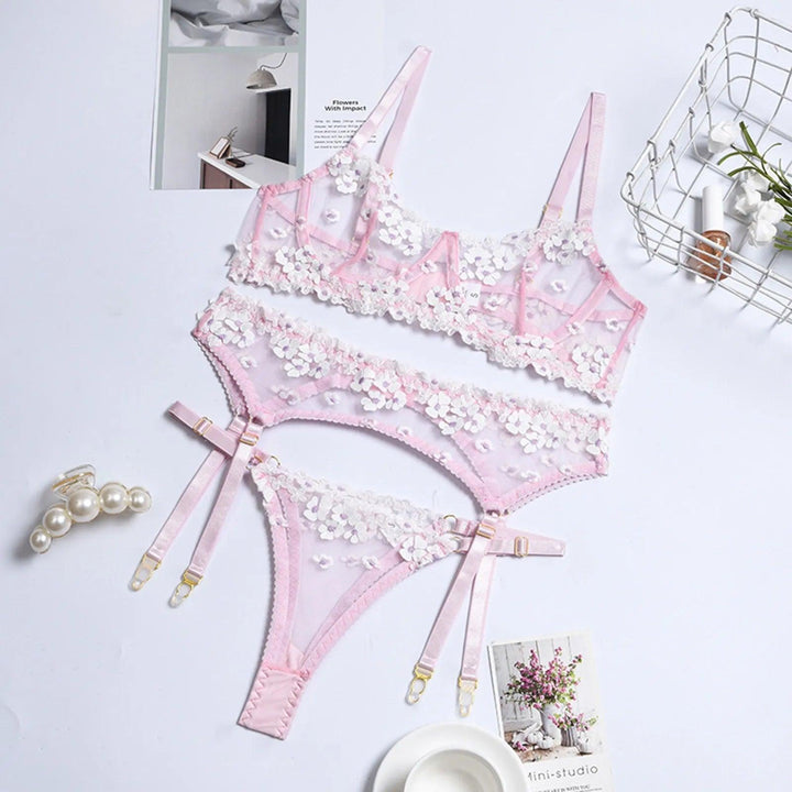 Women's Floral Embroidery Underwear Set Adjustable Shoulder Strap Transparent Lace Lingerie Summer Small Fresh Lingerie Set-THAT FASHION STORE