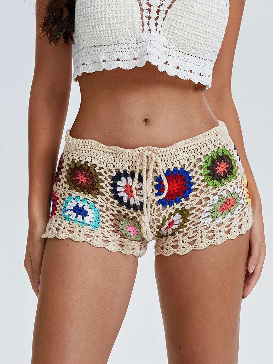 Women's Knit Crochet Shorts Beach Summer Casual Hollow Out Elastic Waist Drawstring Short Pants Female Lounge Sleep Bottoms Y2K-THAT FASHION STORE