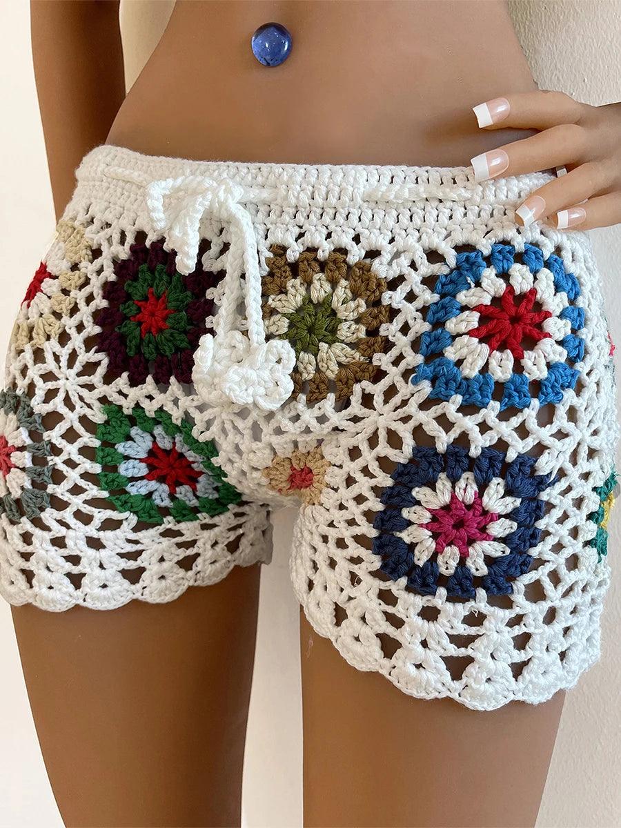 Women's Knit Crochet Shorts Beach Summer Casual Hollow Out Elastic Waist Drawstring Short Pants Female Lounge Sleep Bottoms Y2K-THAT FASHION STORE