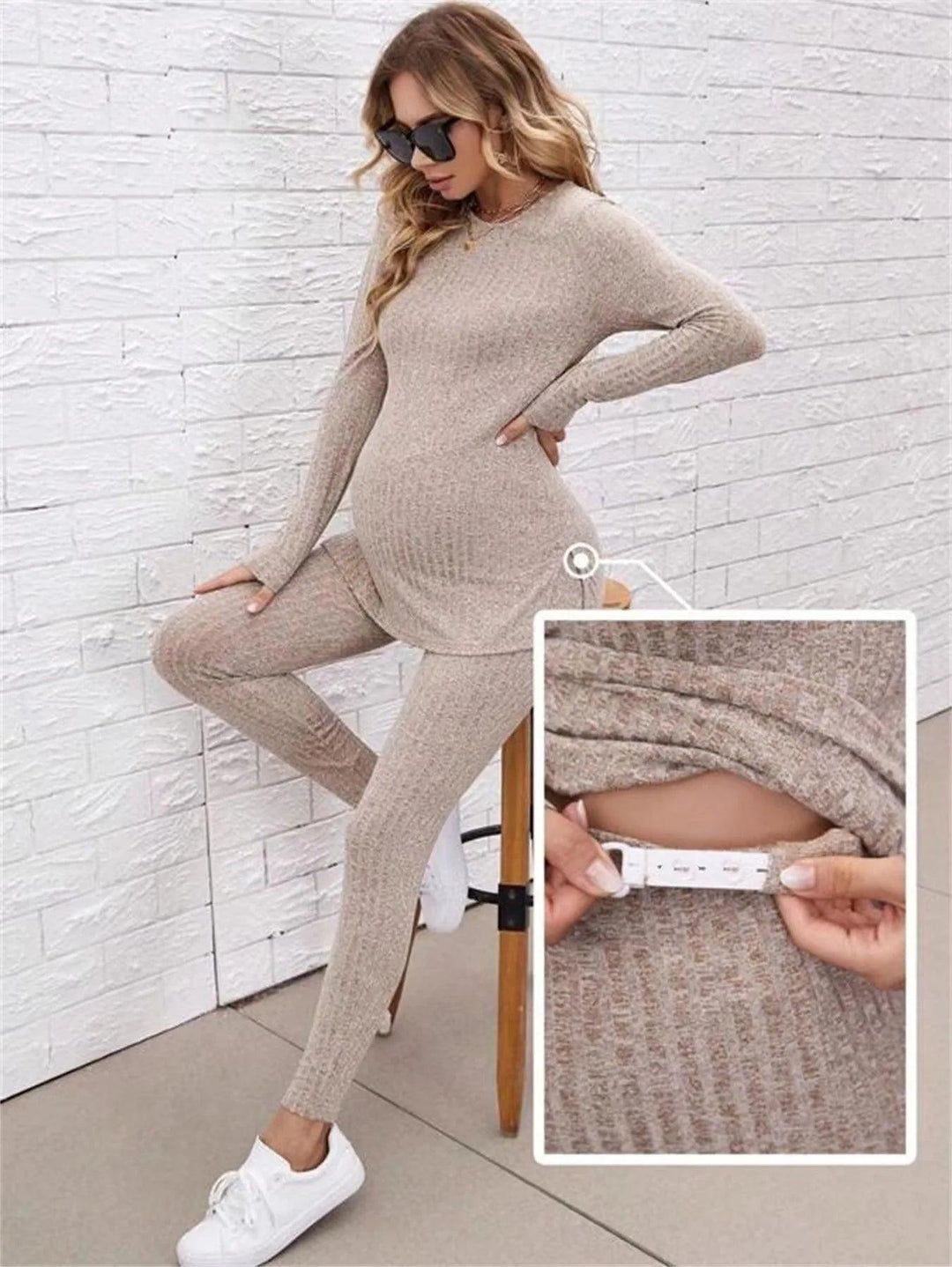 Women's Maternity Sets 2 Piece Outfits Long Sleeve Split Hem Top and Adjustable Elastic Waist Pants Maternity Clothes-THAT FASHION STORE