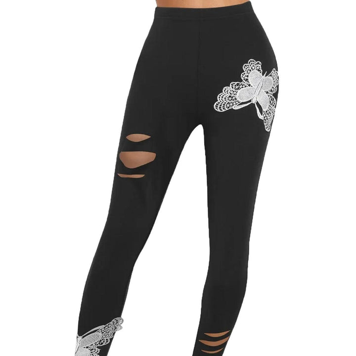 Women's Ripped Butterfly Print Imitation Denim Leggings-THAT FASHION STORE