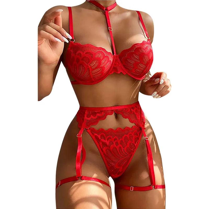 Women'S Sexy Lace Lingerie Set Teddy Lace Erotic Bikini 3pcs Bra And Panty Garters Sets See Through Babydoll Lingerie For Women-THAT FASHION STORE