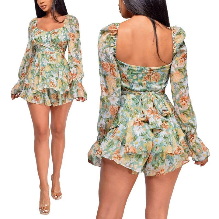 Women’s Sexy Square Collar Backless Jumpsuit Fashion Flower Bandage High Waist Long Sleeve Playsuit-THAT FASHION STORE