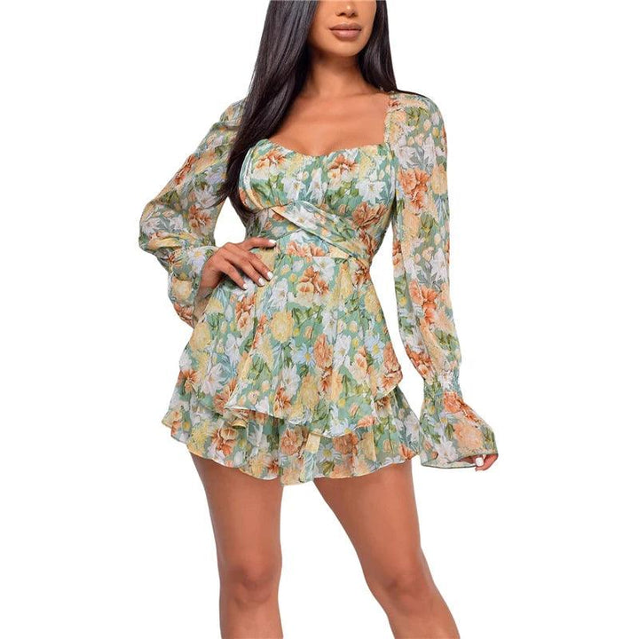 Women’s Sexy Square Collar Backless Jumpsuit Fashion Flower Bandage High Waist Long Sleeve Playsuit-THAT FASHION STORE