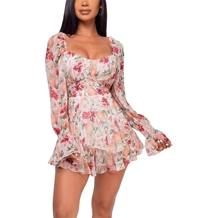 Women’s Sexy Square Collar Backless Jumpsuit Fashion Flower Bandage High Waist Long Sleeve Playsuit-THAT FASHION STORE