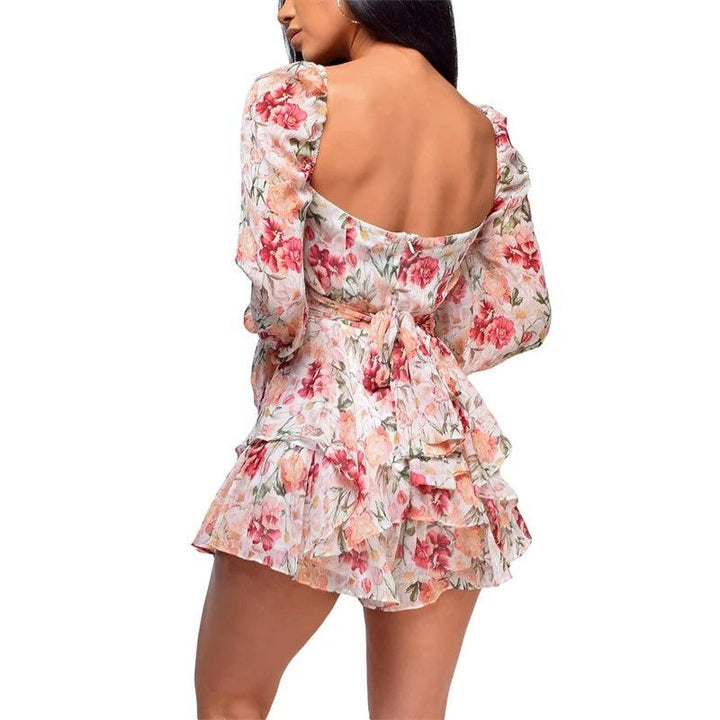 Women’s Sexy Square Collar Backless Jumpsuit Fashion Flower Bandage High Waist Long Sleeve Playsuit-THAT FASHION STORE