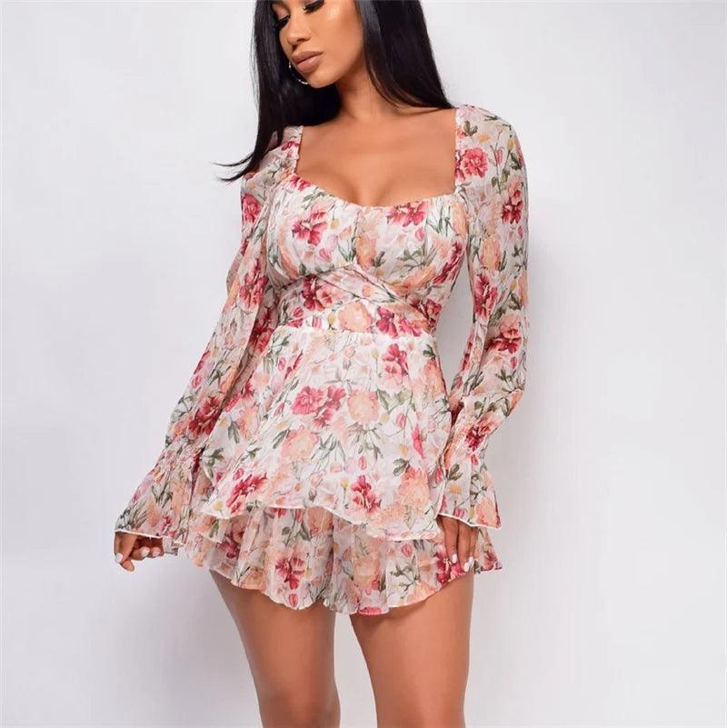 Women’s Sexy Square Collar Backless Jumpsuit Fashion Flower Bandage High Waist Long Sleeve Playsuit-THAT FASHION STORE