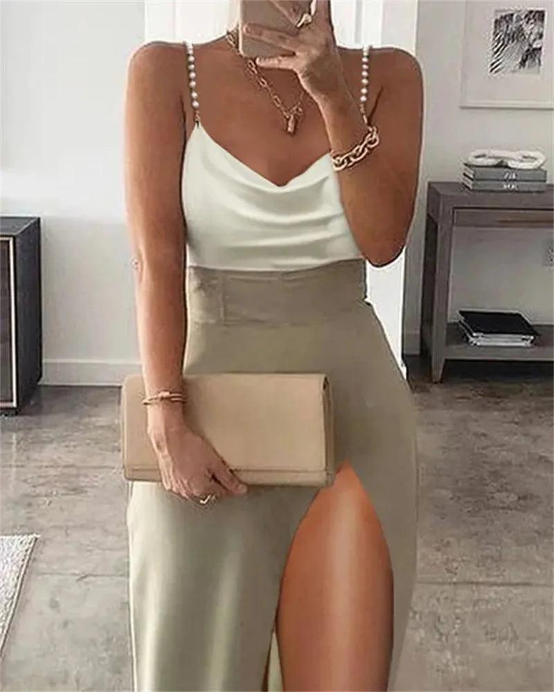 Women's Sleeveless Beaded Lace Up Dress Deep V Trim Height Split Solid Casual Party Summer 2023-THAT FASHION STORE