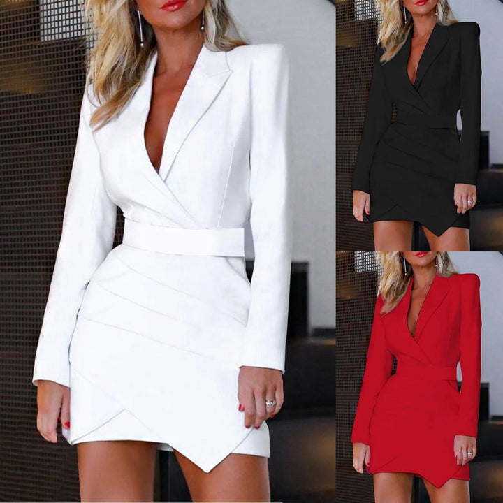 Women's Temperament Commuter Suit Dress Office Ladies Business Solid Colour Suit Dress Fashion Long Sleeve V Neck Slim Dresses-THAT FASHION STORE