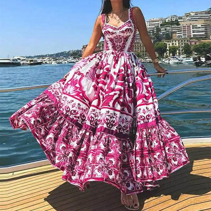 Women Sexy Print Suspender Dress Summer Fashion V-neck Backless High Waist Large Swing Maxi Dress Female Chic Vacation Robes-THAT FASHION STORE