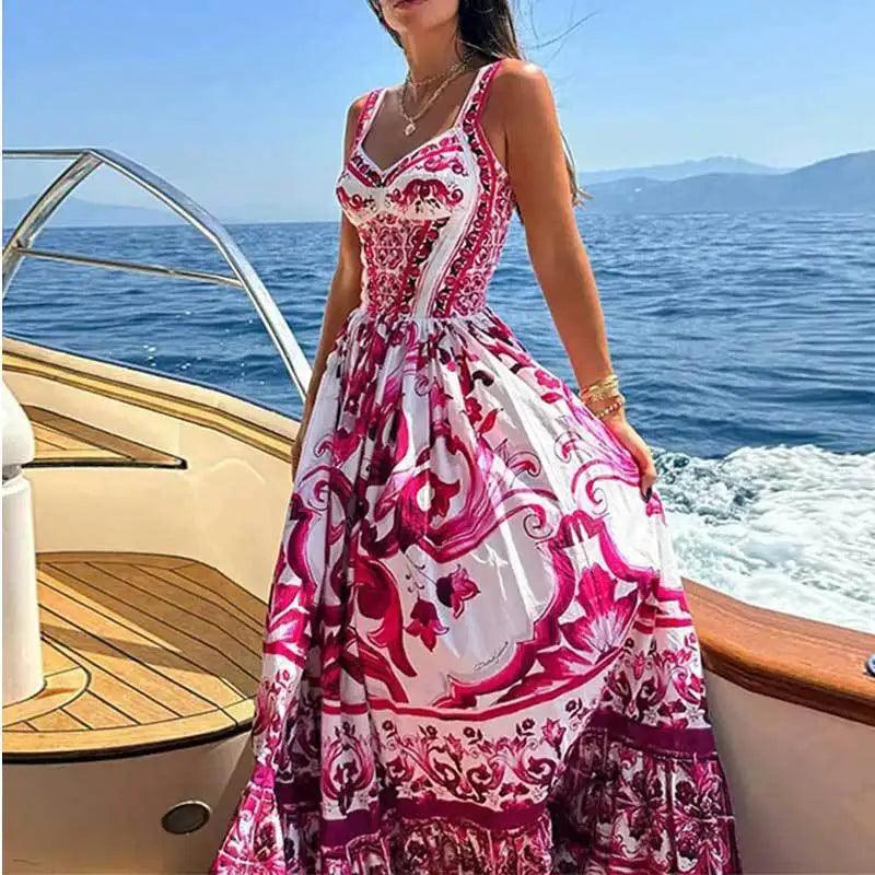 Women Sexy Print Suspender Dress Summer Fashion V-neck Backless High Waist Large Swing Maxi Dress Female Chic Vacation Robes-THAT FASHION STORE