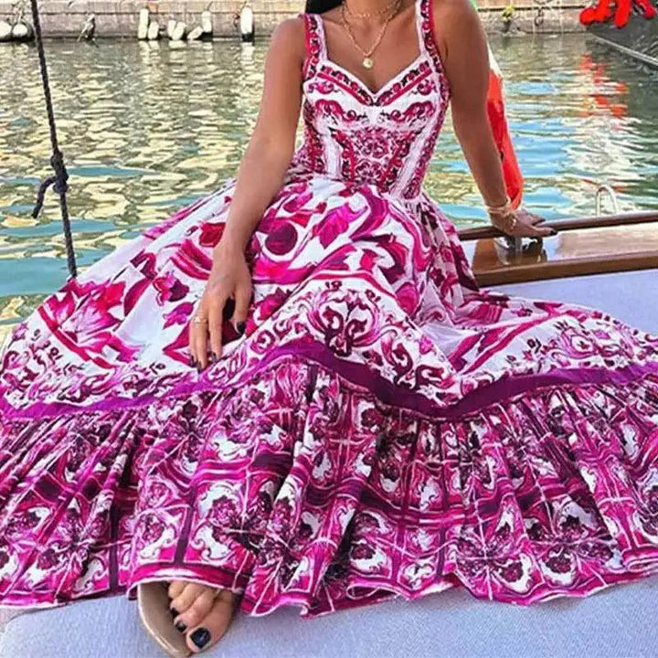 Women Sexy Print Suspender Dress Summer Fashion V-neck Backless High Waist Large Swing Maxi Dress Female Chic Vacation Robes-THAT FASHION STORE