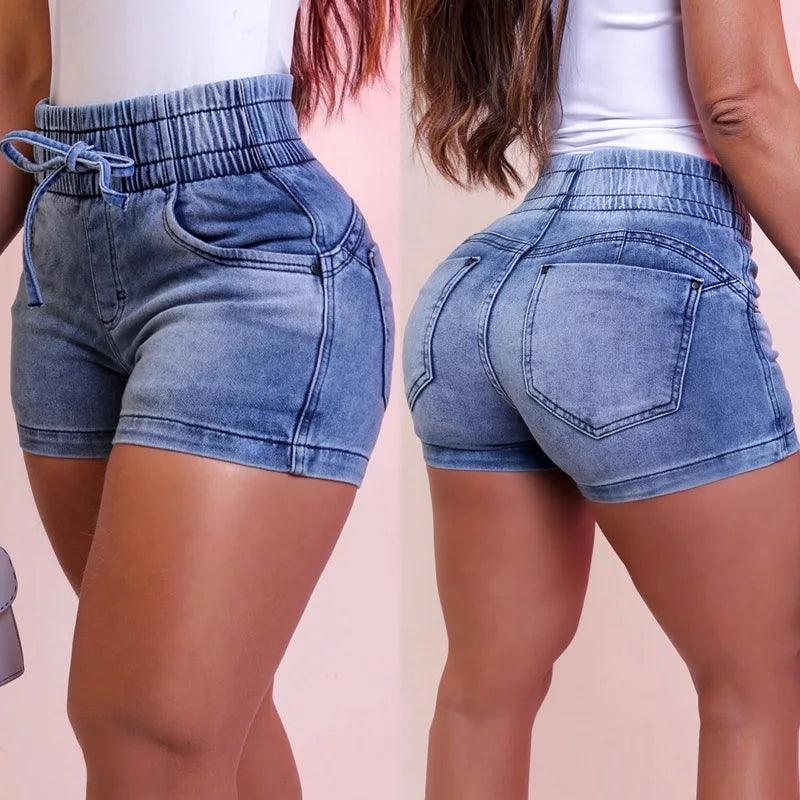 Women Summer Denim Shorts Ladies Elastic Waist Bandage Jeans Skinny Short Pants Feminina-THAT FASHION STORE