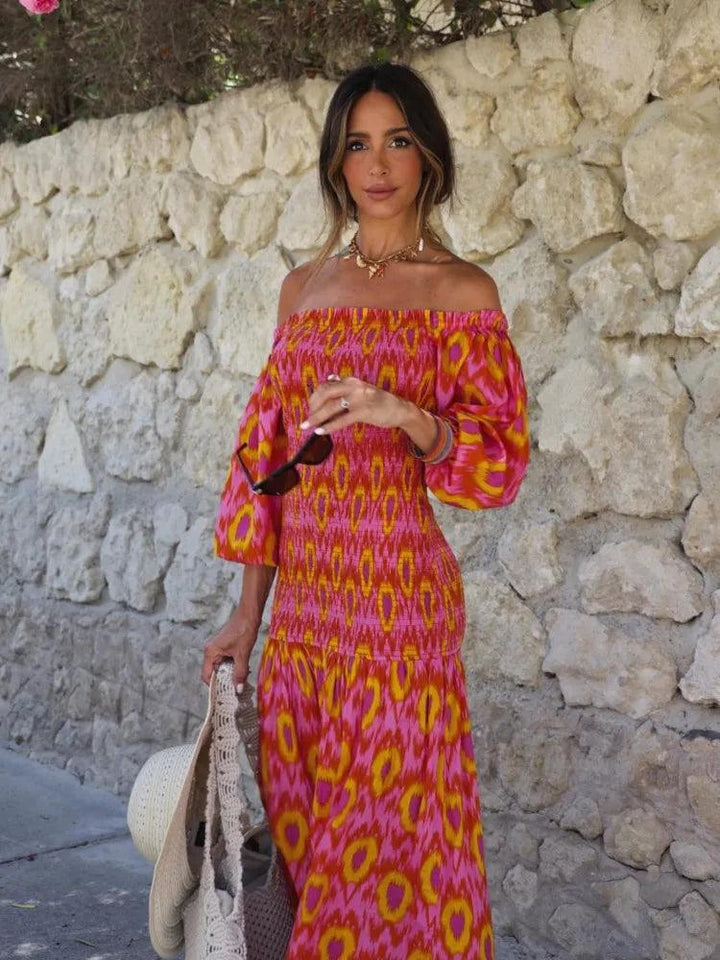 Women Summer Party Holiday Lady Streetwears Print Ruffle Pleated Long Dress Fashion Off Shoulder Puff Sleeve Midi Dresses Casual-THAT FASHION STORE