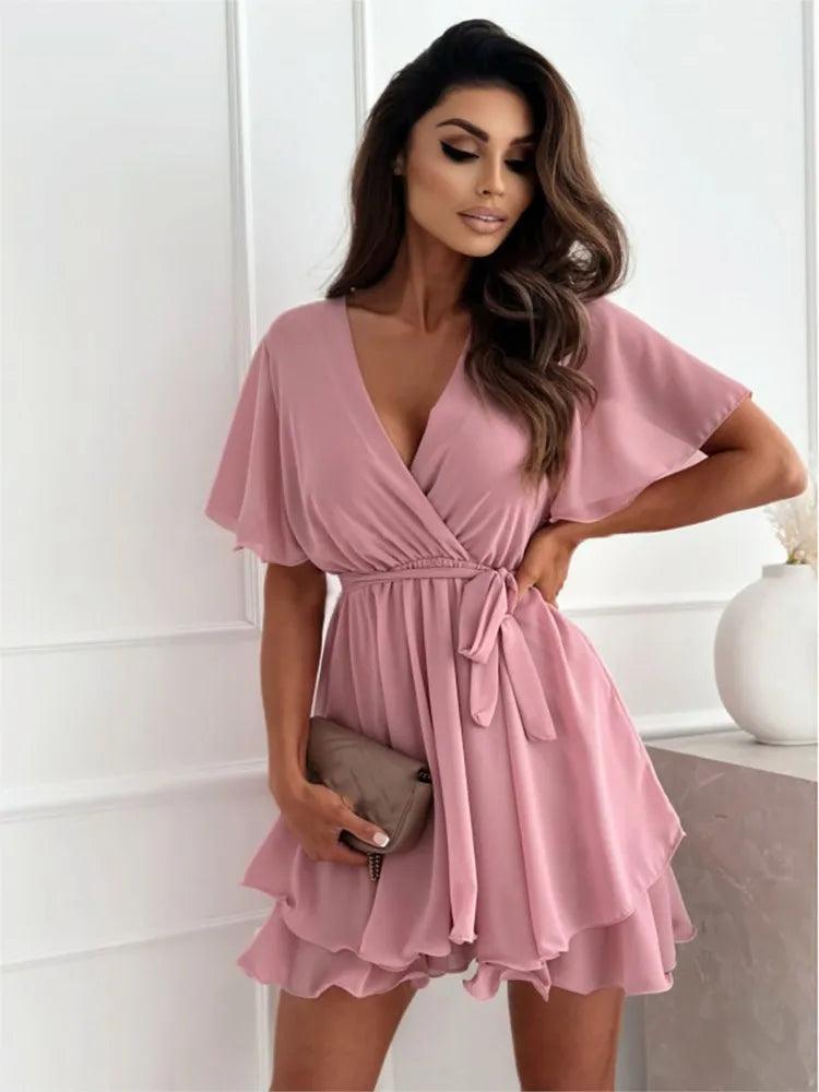 Women White Black Dress Summer Sexy V-neck Cross Strap Mini Skirt Ruffled Hem Chiffon Dress Female Fashion Casual Beach Dresses-THAT FASHION STORE