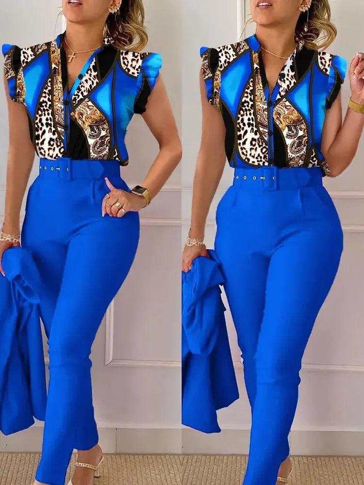 Womens Elegant Slim Two-Piece Sets Summer Fashion Print V Neck Button Flying Sleeve Shirt Top & Solid Long Pants Suits With Belt-THAT FASHION STORE