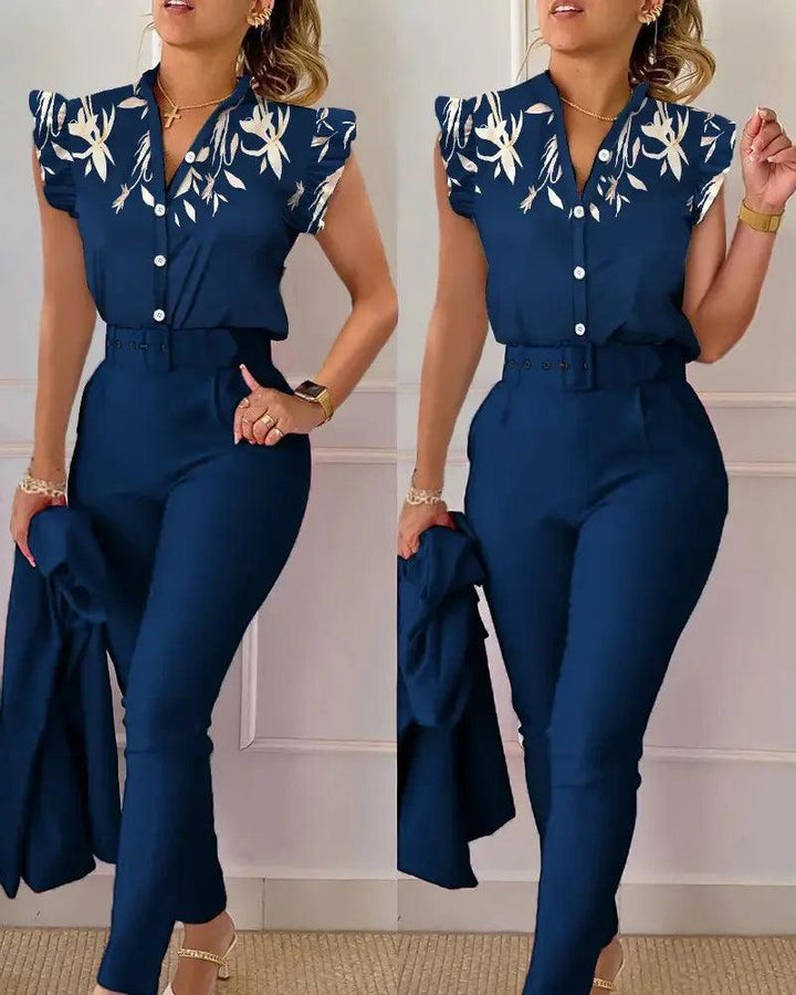 Womens Elegant Slim Two-Piece Sets Summer Fashion Print V Neck Button Flying Sleeve Shirt Top & Solid Long Pants Suits With Belt-THAT FASHION STORE