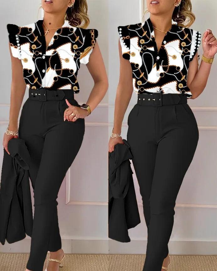 Womens Elegant Slim Two-Piece Sets Summer Fashion Print V Neck Button Flying Sleeve Shirt Top & Solid Long Pants Suits With Belt-THAT FASHION STORE