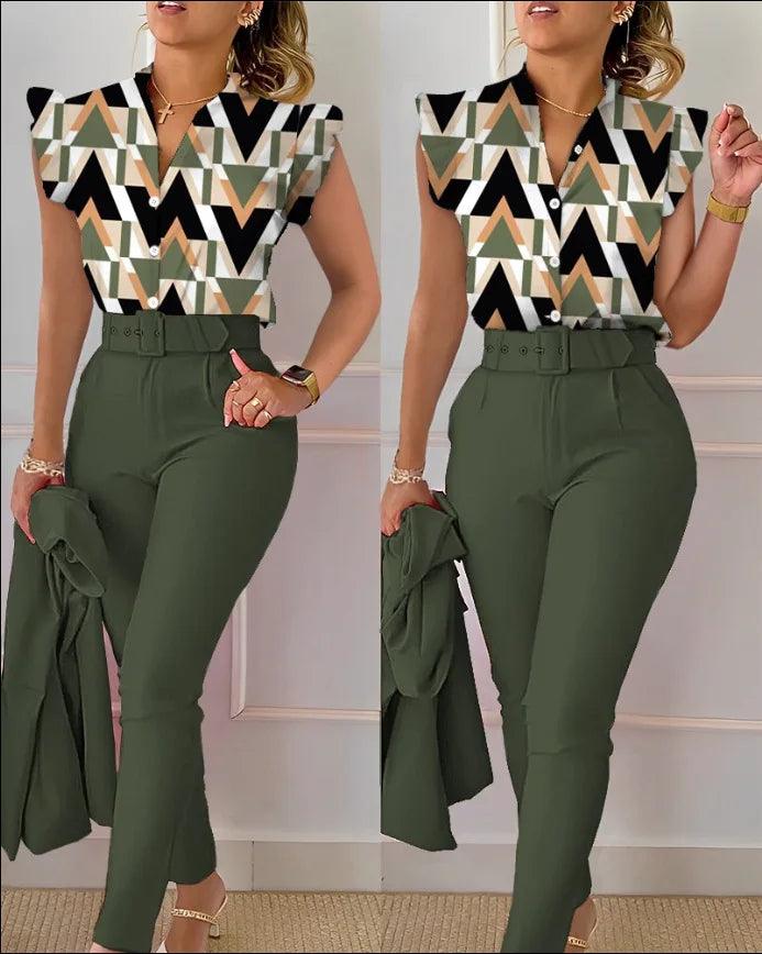 Womens Elegant Slim Two-Piece Sets Summer Fashion Print V Neck Button Flying Sleeve Shirt Top & Solid Long Pants Suits With Belt-THAT FASHION STORE