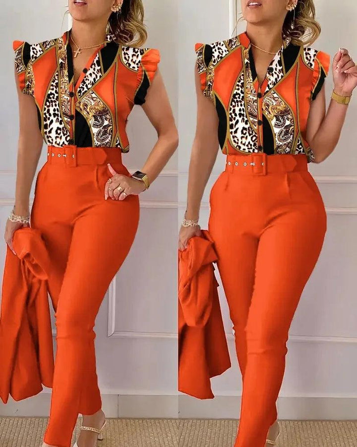 Womens Elegant Slim Two-Piece Sets Summer Fashion Print V Neck Button Flying Sleeve Shirt Top & Solid Long Pants Suits With Belt-THAT FASHION STORE