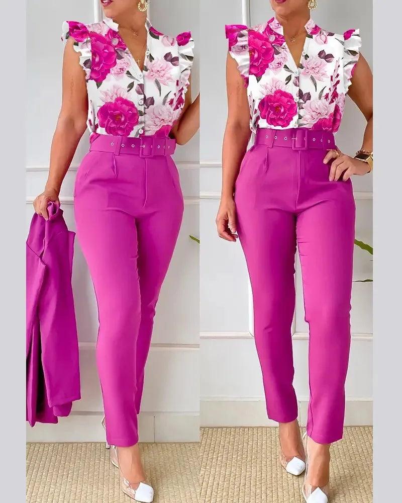 Womens Elegant Slim Two-Piece Sets Summer Fashion Print V Neck Button Flying Sleeve Shirt Top & Solid Long Pants Suits With Belt-THAT FASHION STORE