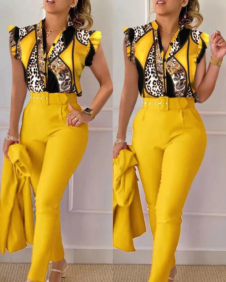 Womens Elegant Slim Two-Piece Sets Summer Fashion Print V Neck Button Flying Sleeve Shirt Top & Solid Long Pants Suits With Belt-THAT FASHION STORE