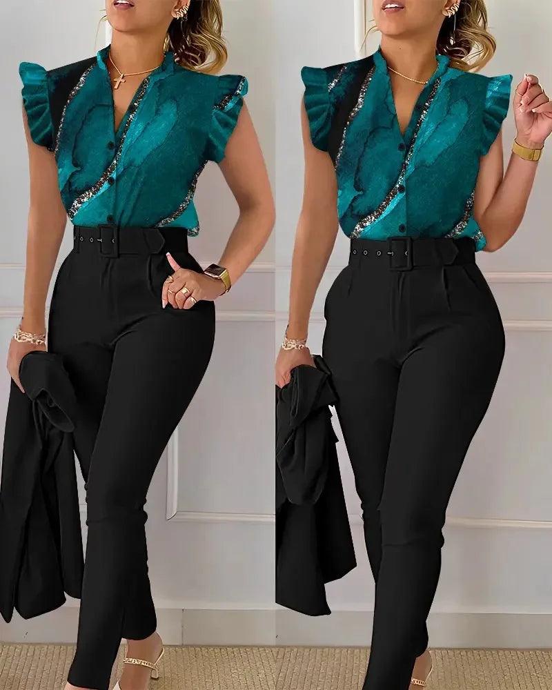 Womens Elegant Slim Two-Piece Sets Summer Fashion Print V Neck Button Flying Sleeve Shirt Top & Solid Long Pants Suits With Belt-THAT FASHION STORE