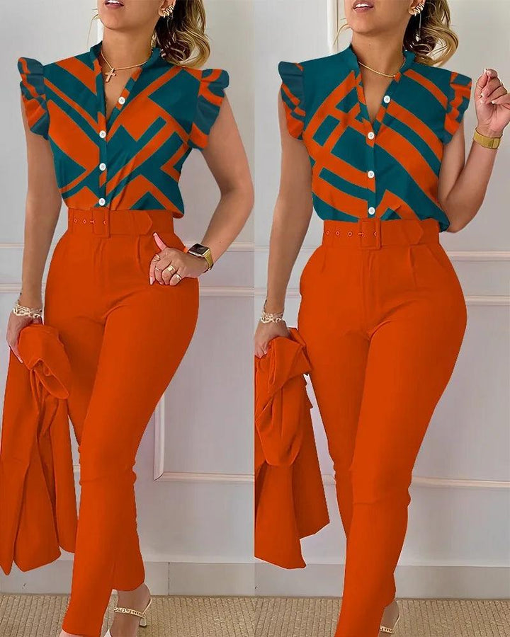 Womens Elegant Slim Two-Piece Sets Summer Fashion Print V Neck Button Flying Sleeve Shirt Top & Solid Long Pants Suits With Belt-THAT FASHION STORE