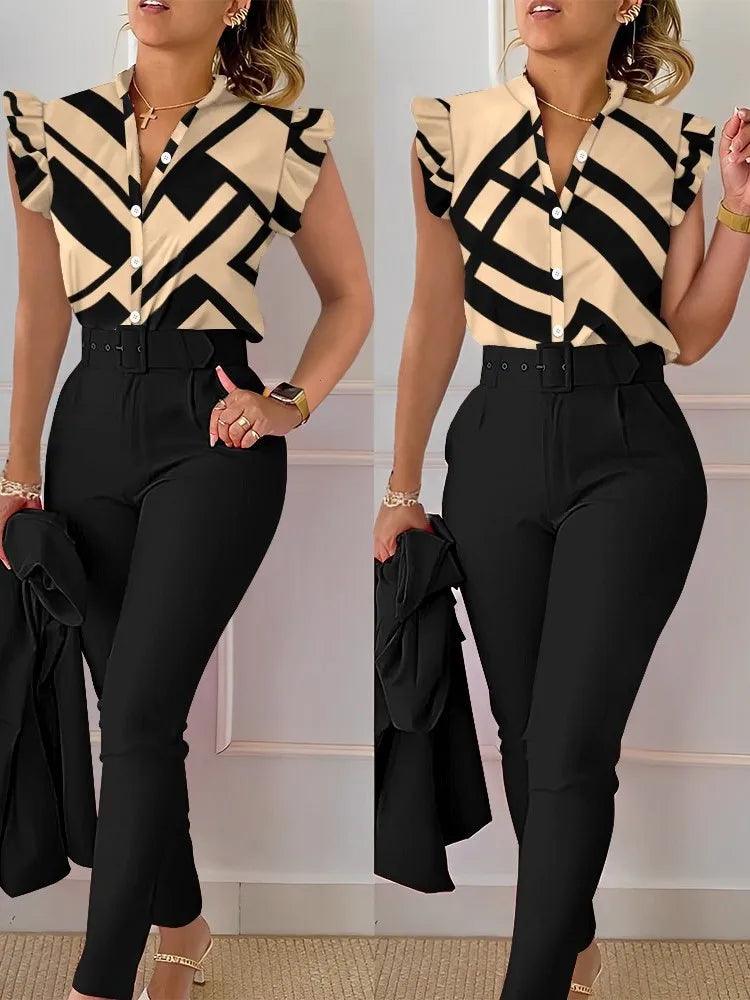 Womens Elegant Slim Two-Piece Sets Summer Fashion Print V Neck Button Flying Sleeve Shirt Top & Solid Long Pants Suits With Belt-THAT FASHION STORE