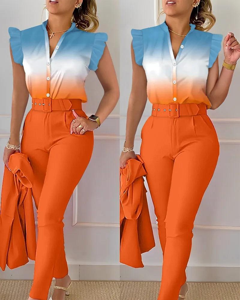 Womens Elegant Slim Two-Piece Sets Summer Fashion Print V Neck Button Flying Sleeve Shirt Top & Solid Long Pants Suits With Belt-THAT FASHION STORE