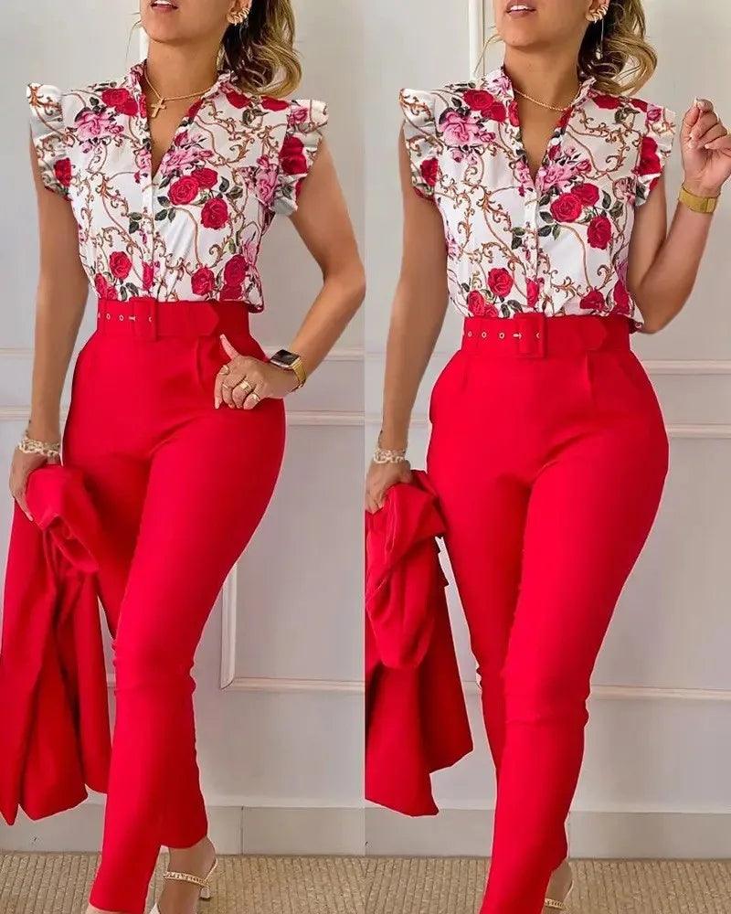 Womens Elegant Slim Two-Piece Sets Summer Fashion Print V Neck Button Flying Sleeve Shirt Top & Solid Long Pants Suits With Belt-THAT FASHION STORE