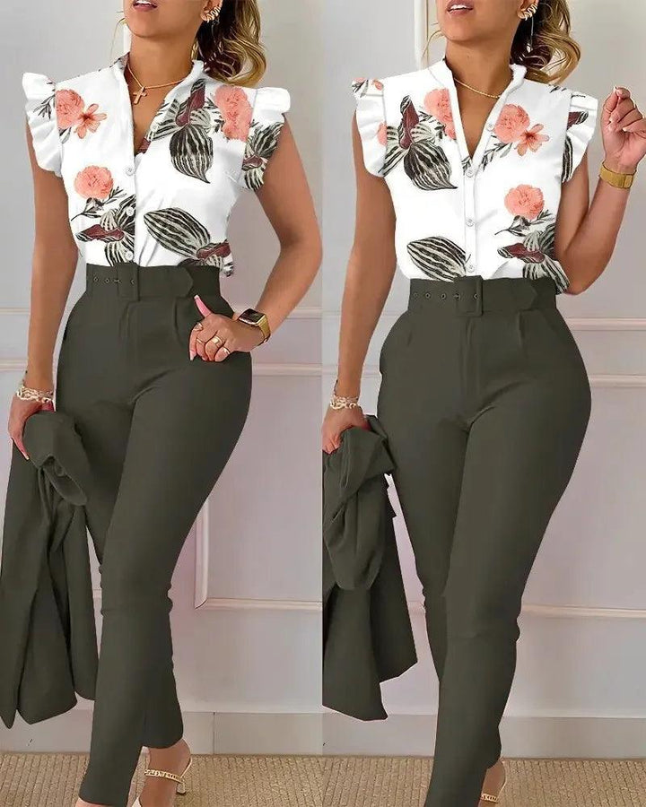 Womens Elegant Slim Two-Piece Sets Summer Fashion Print V Neck Button Flying Sleeve Shirt Top & Solid Long Pants Suits With Belt-THAT FASHION STORE